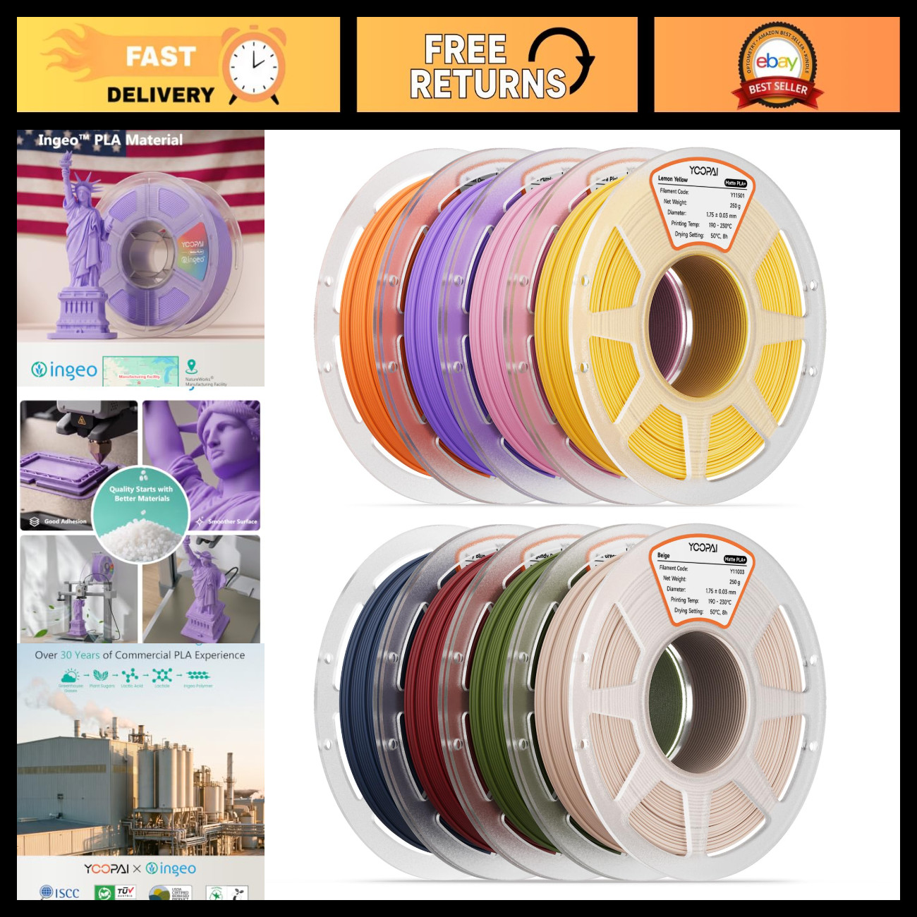 250g Matte PLA+ Filament 1.75mm, Multicolor 3D Printer Filament Bundle, High Qua