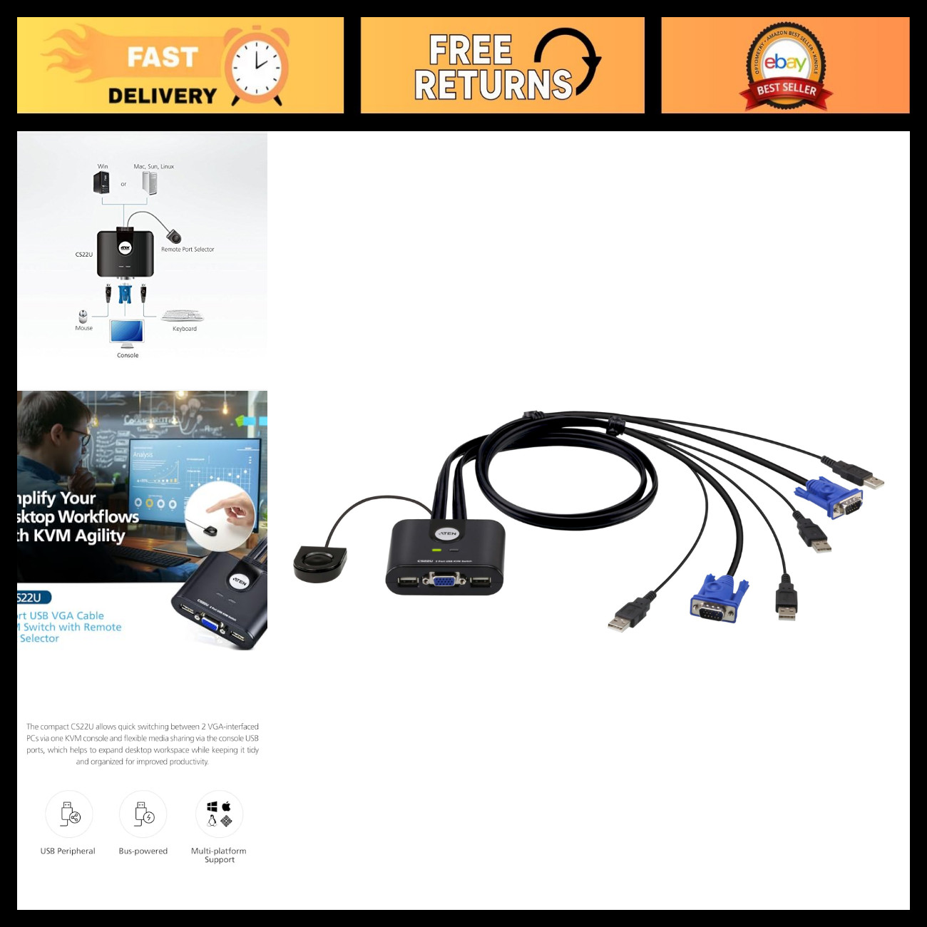 2-Port USB VGA KVM Switch with Remote Selector, Cable Included, Easy Setup