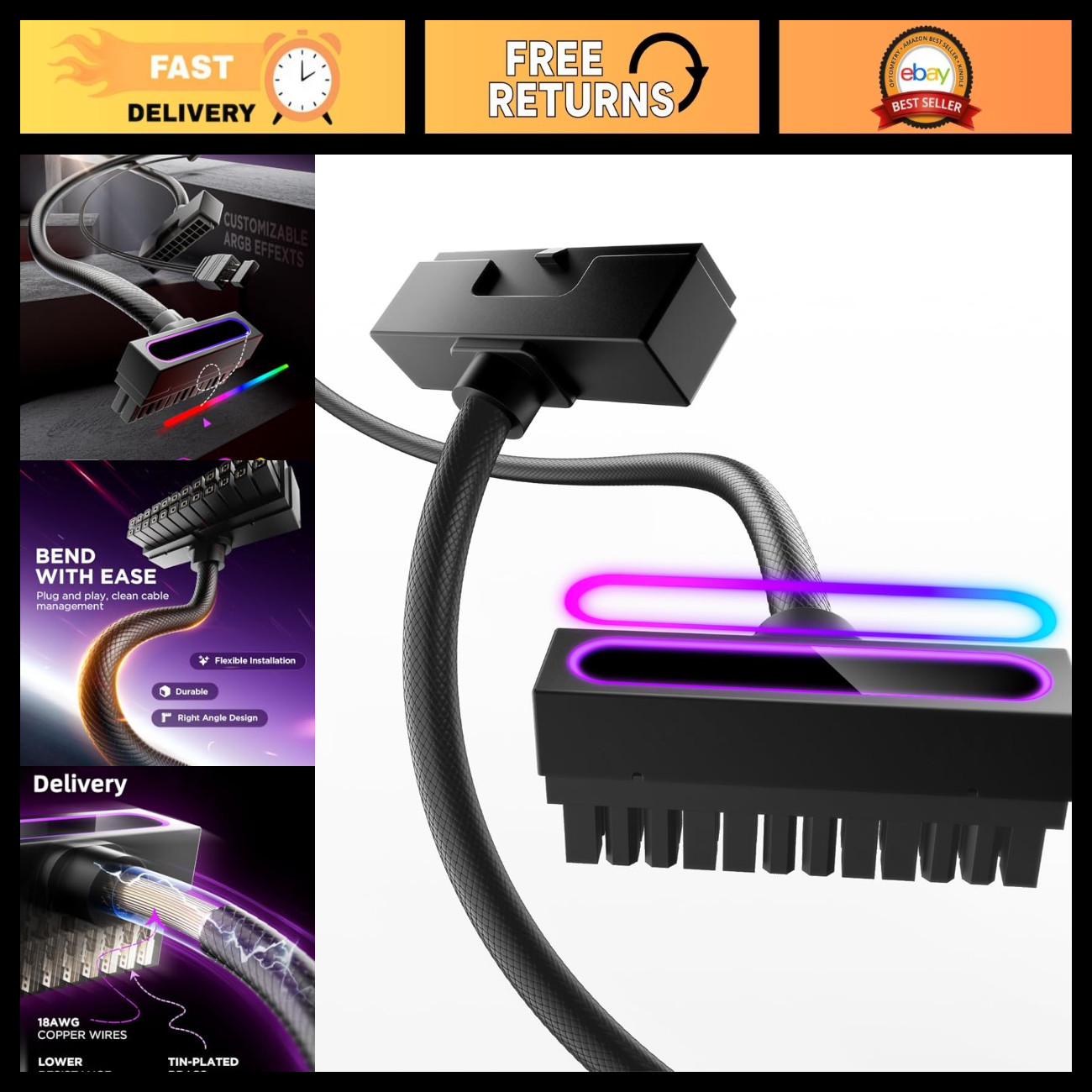 24PIN ARGB LED PC PSU Extension Cable, Copper Wire, 2000W Power, Minimalist Desi