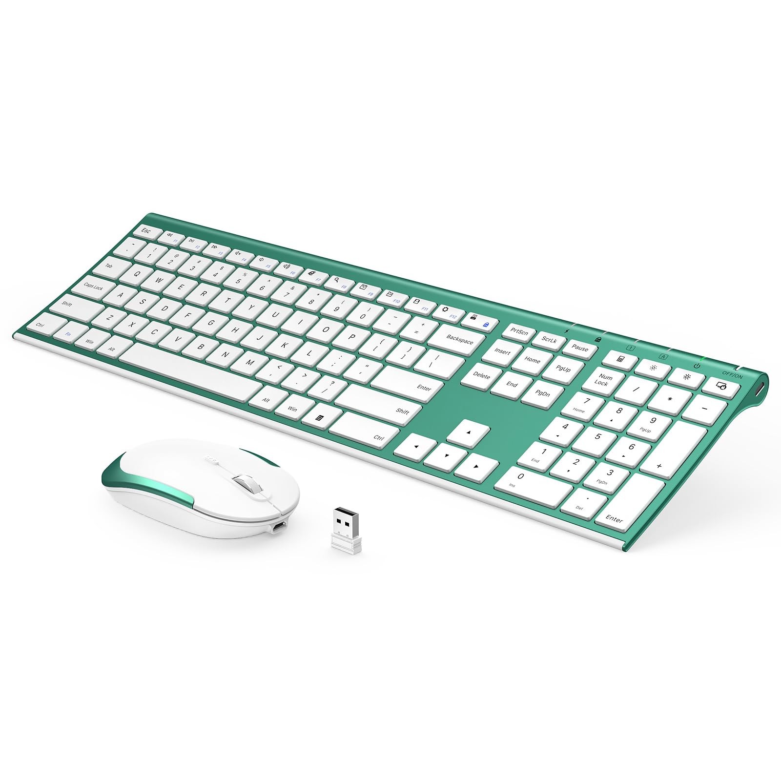 VssoPlor Rechargeable Slim Wireless Keyboard & Mouse Combo Green White Full Size