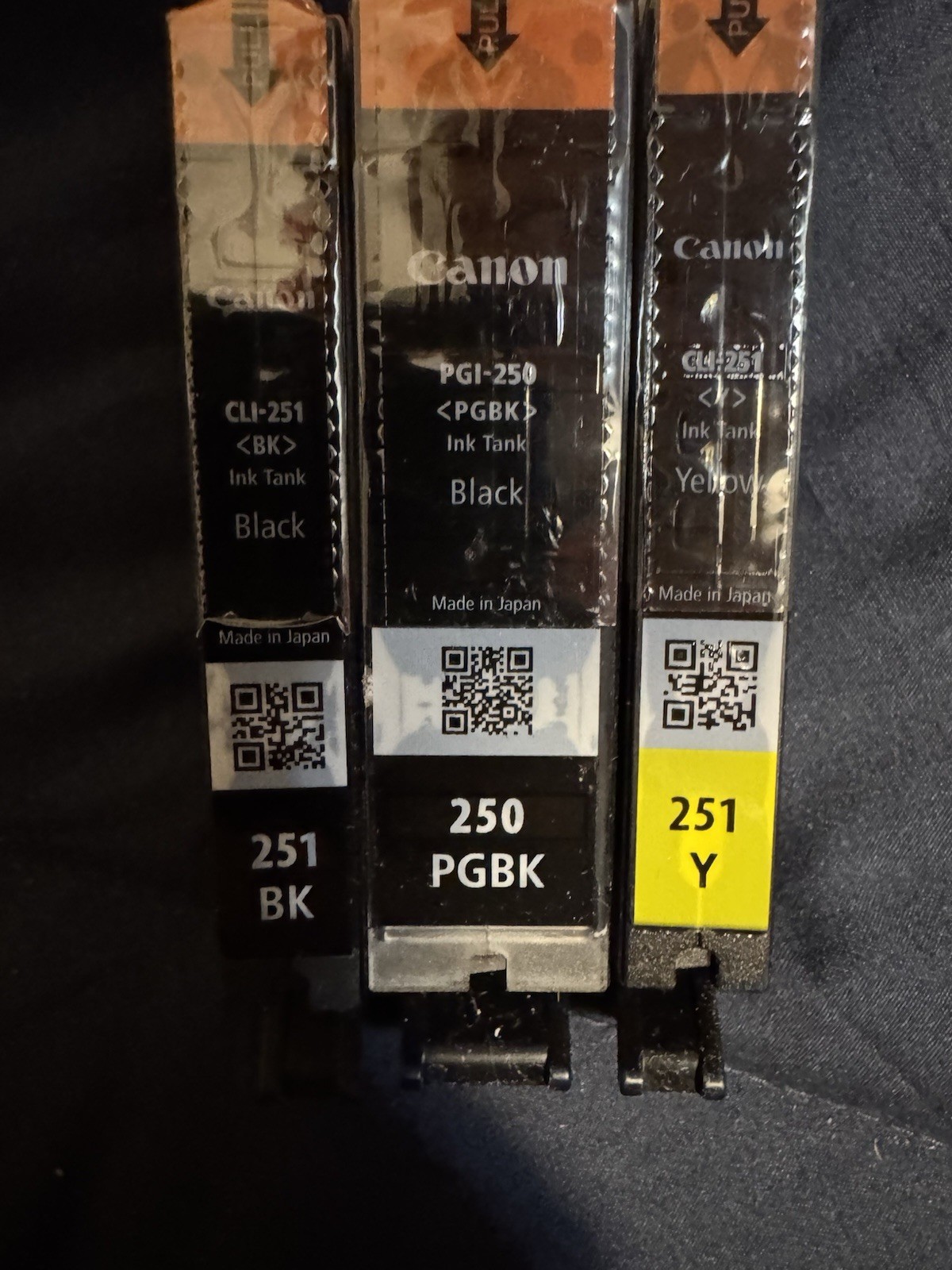 Genuine Canon Ink Cartridges Set Of 3   250 PGBK, 251 BK and 251 Yellow