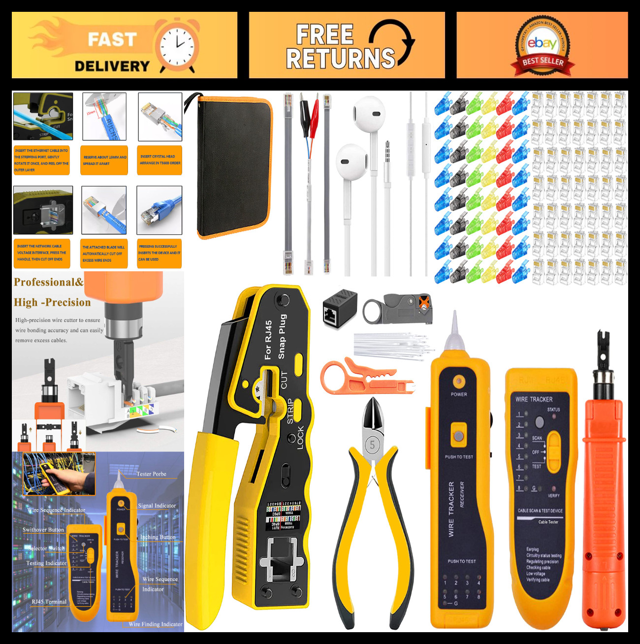 RJ45 Crimping Tool Kit - 50PCS Pass Through Connectors, Cable Tester & Cutter