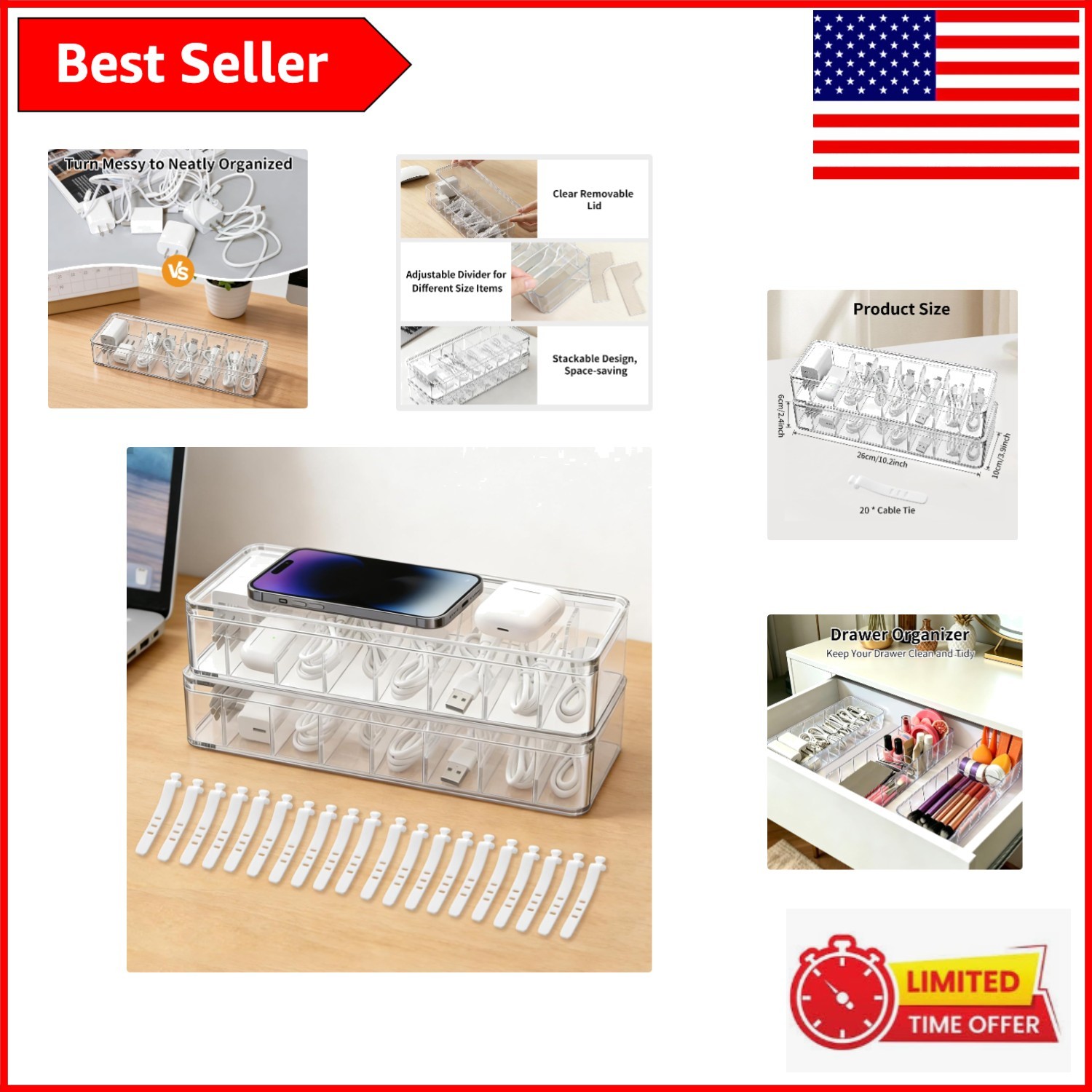 Versatile Clear Cord Organizer Box with 20 Wire Ties – 8 Compartment Design