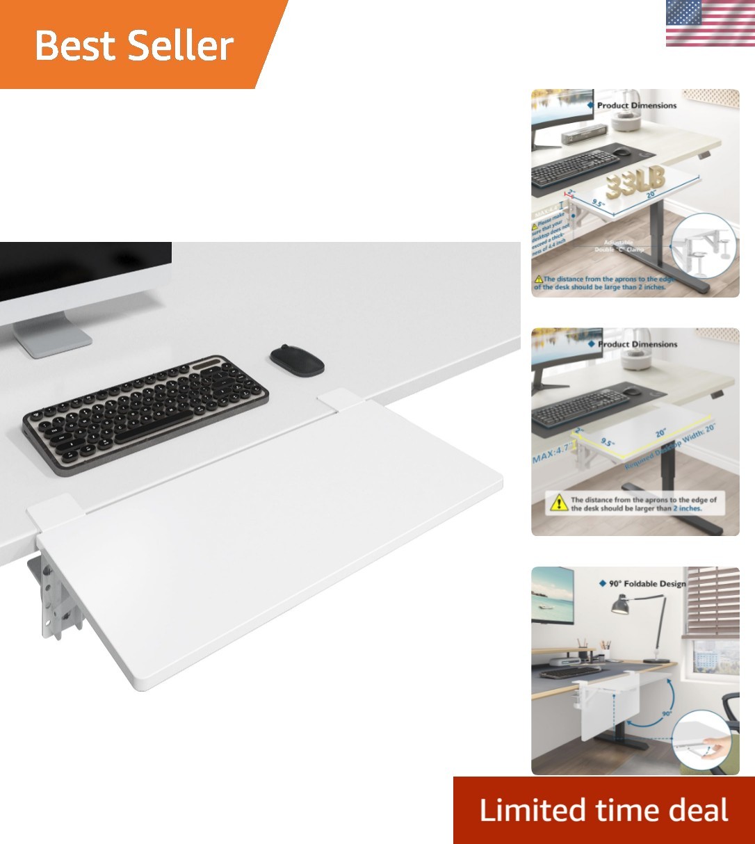Small Ergonomics Desk Extender Tray, 20 x 9.5 Inch, White | 90° Foldable Keyb...