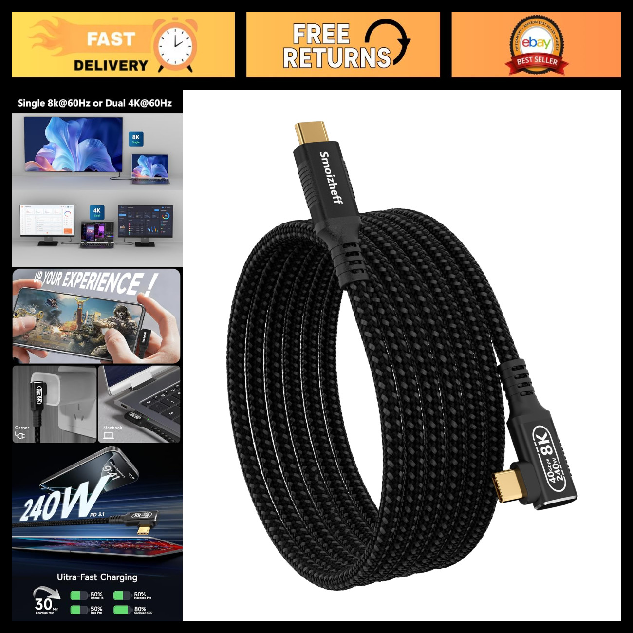 6.6ft Thunderbolt 4 USB-C Cable, Right Angle, 40Gbps Data, 240W PD, 8K Video Out