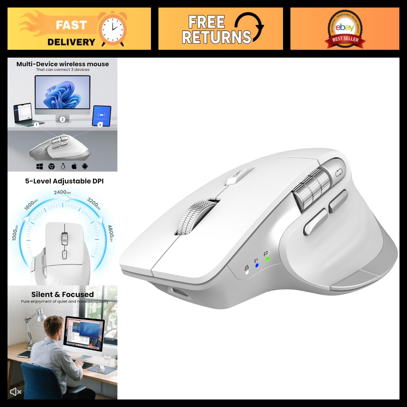Ergonomic Wireless Bluetooth Mouse, Rechargeable Silent, Multi-Device, Adjustabl