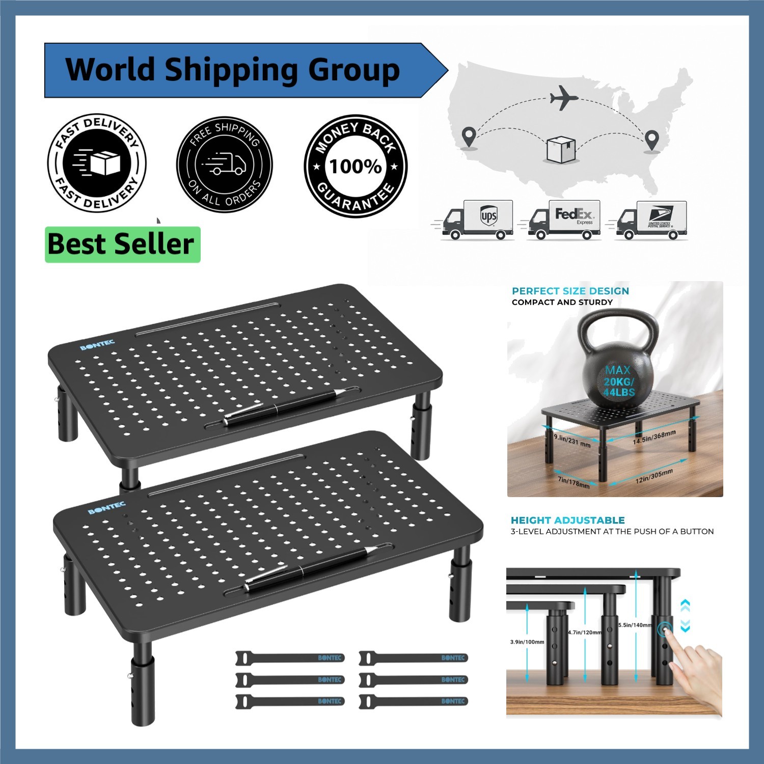 Compact 2-Pack Adjustable Monitor Stand with Cable Management - Ergonomic Design