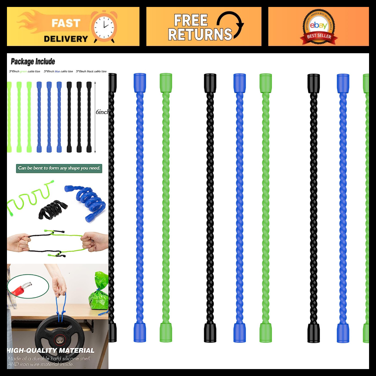 9PCS 6" Silicone Cable Ties - Reusable Bendable Rubber Twist Ties for Organizing