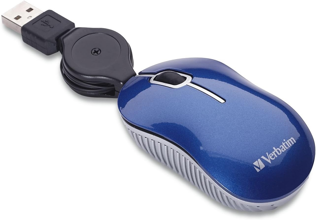 Verbatim Mini Travel Optical Mouse, USB 2.0, Retractable Cable, Blue
