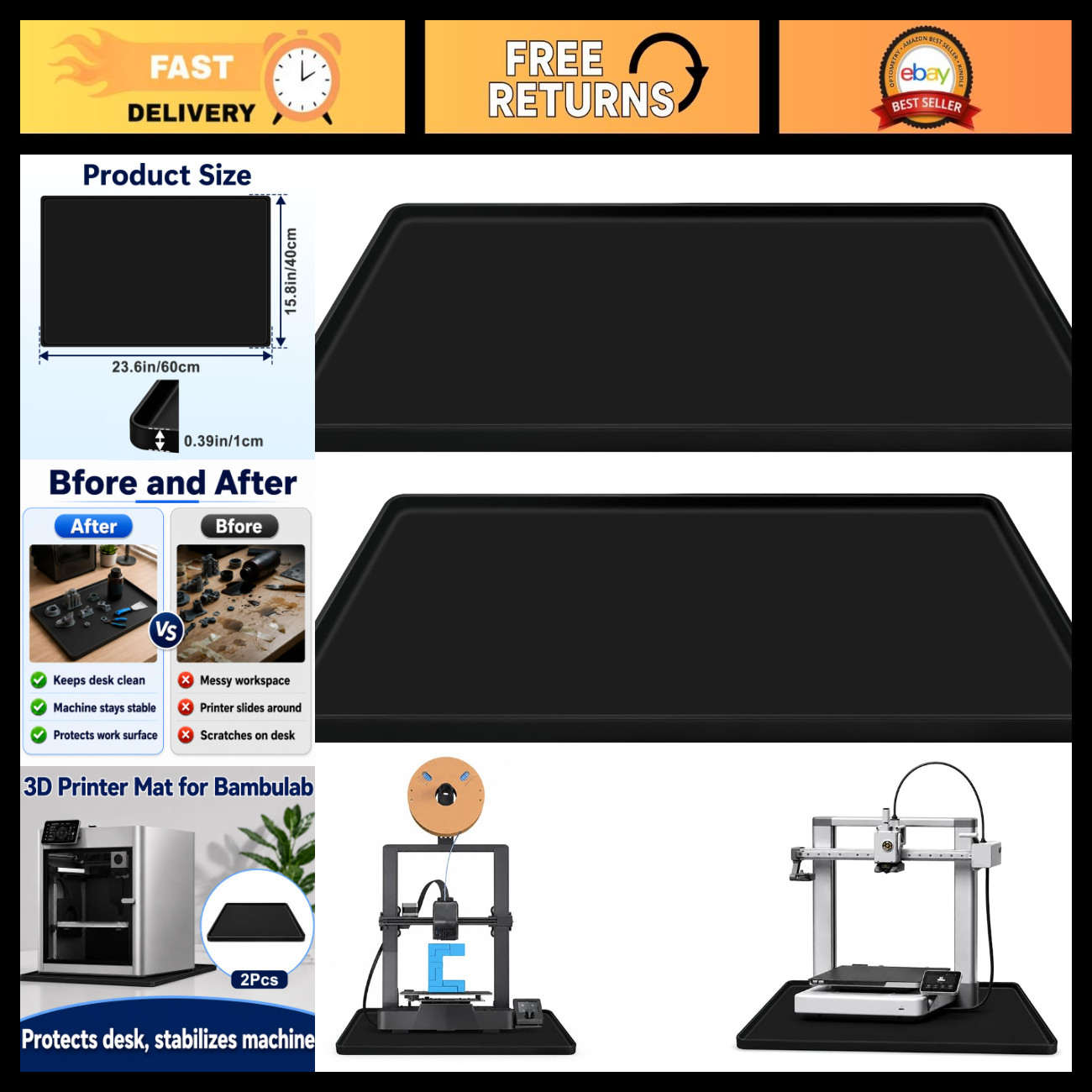 2 Pcs 23.6"x15.8" Silicone Mat for 3D Printers - Anti-Vibration Pads, Black