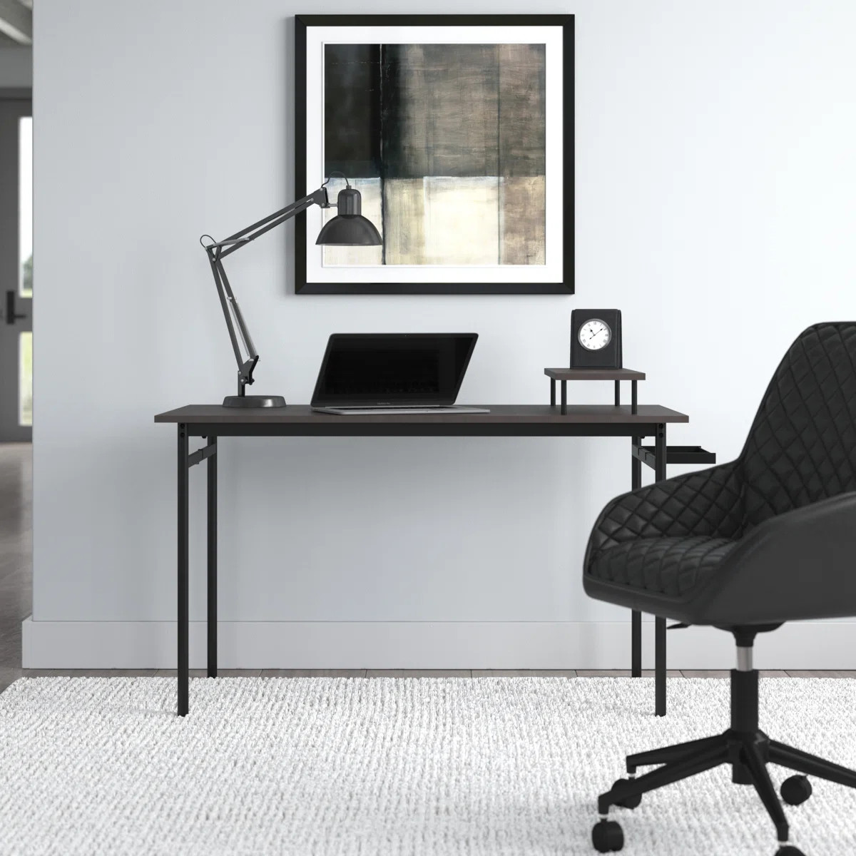 Large Black Computer Desk with Cable Management and Monitor Stand