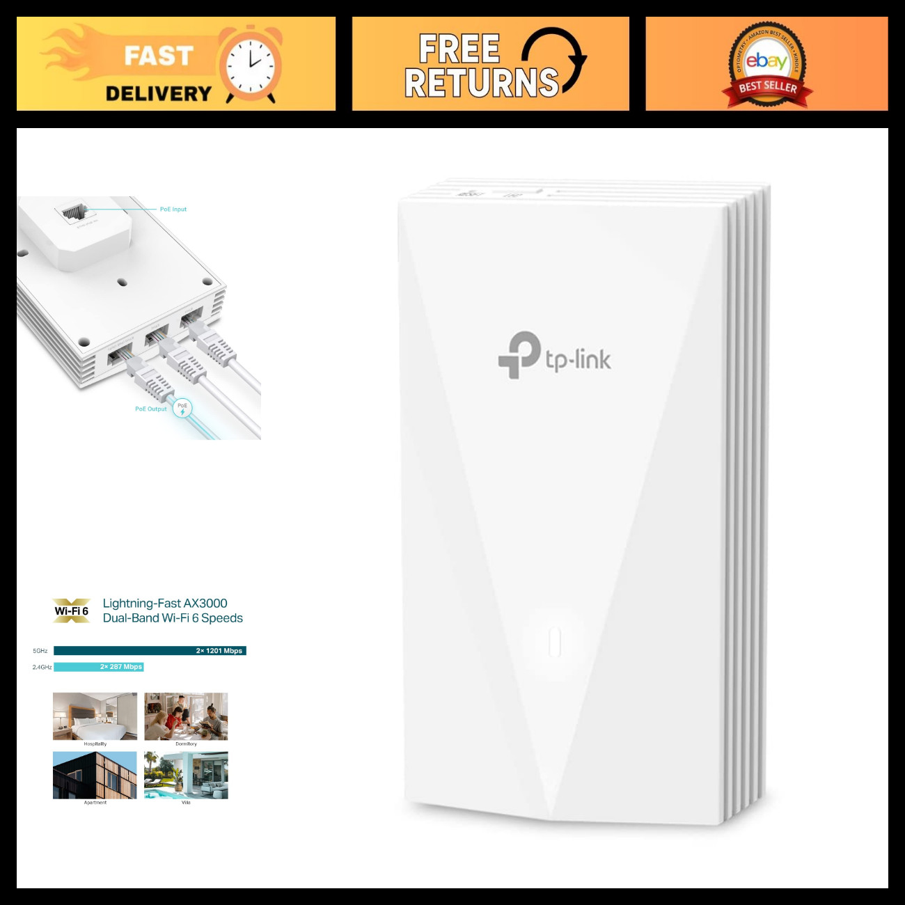 AX3000 Wall-Plate Wireless Access Point, High-Speed WiFi, 5-Year Warranty, Easy