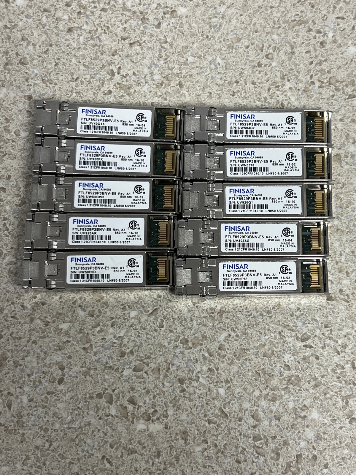 LOT OF 10 Finisar FTLF8529P3BNV-E5 16Gb SFP+ 100m SW Fiber Channel 019-078-042