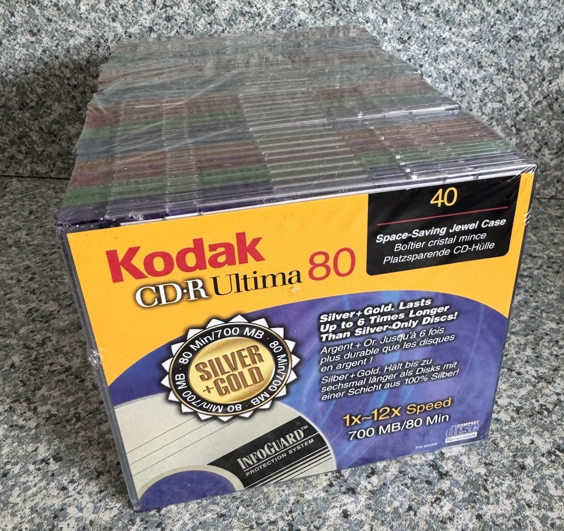 Lot 40 Kodak CD-R Ultima 80 Gold Slim Jewel Case 700MB 80 Min Recordable Pack