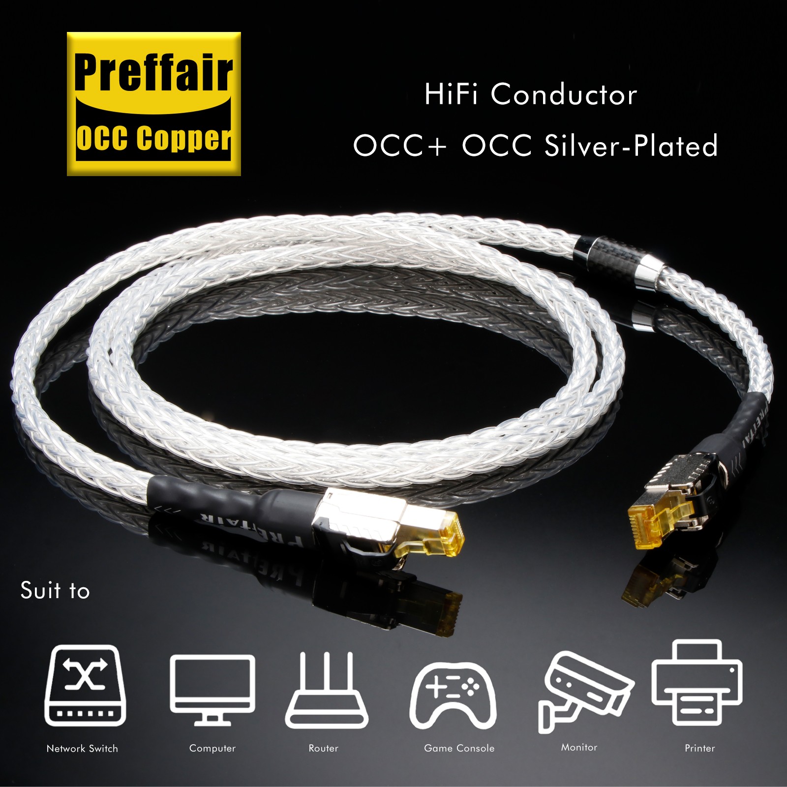 High Performance CAT8 40Gbps Ethernet Cable OCC Silver-Plated Copper RJ45