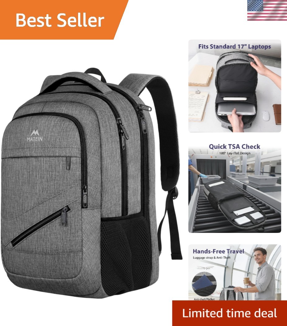 Elegant 17-Inch TSA Approved Laptop Backpack with Anti-Theft Features, Grey