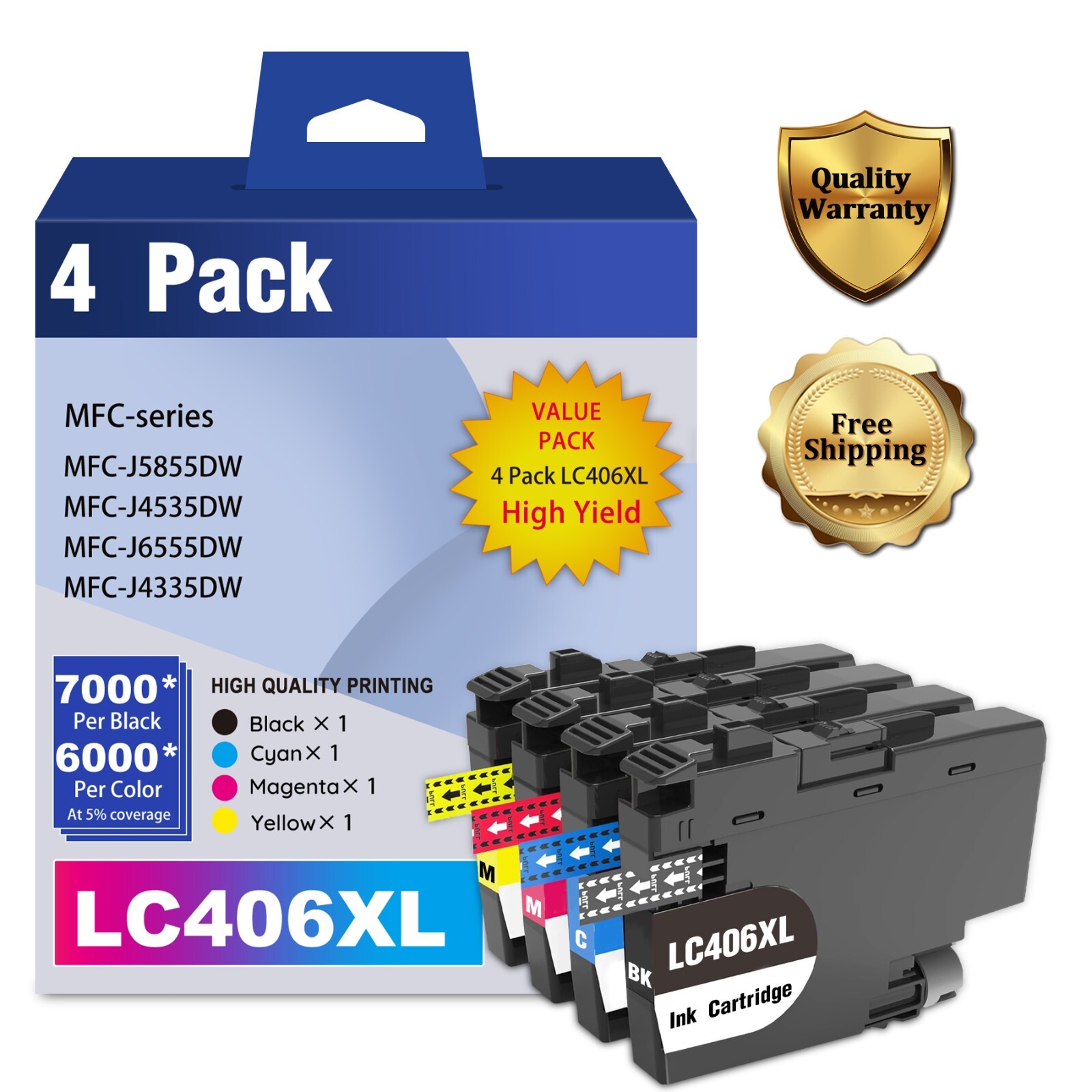 LC406XL Ink Cartridge 4PK Compatible for Brother MFC-J4535DW J6555DW