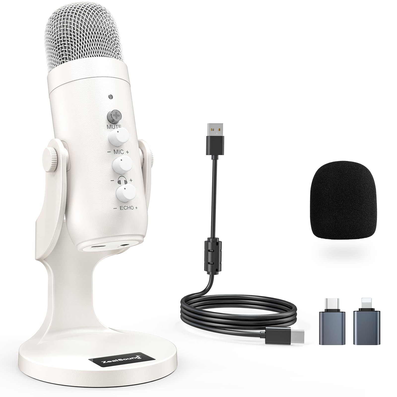ZealSound Podcast Microphone for iPhone PC & Android with Compact, White