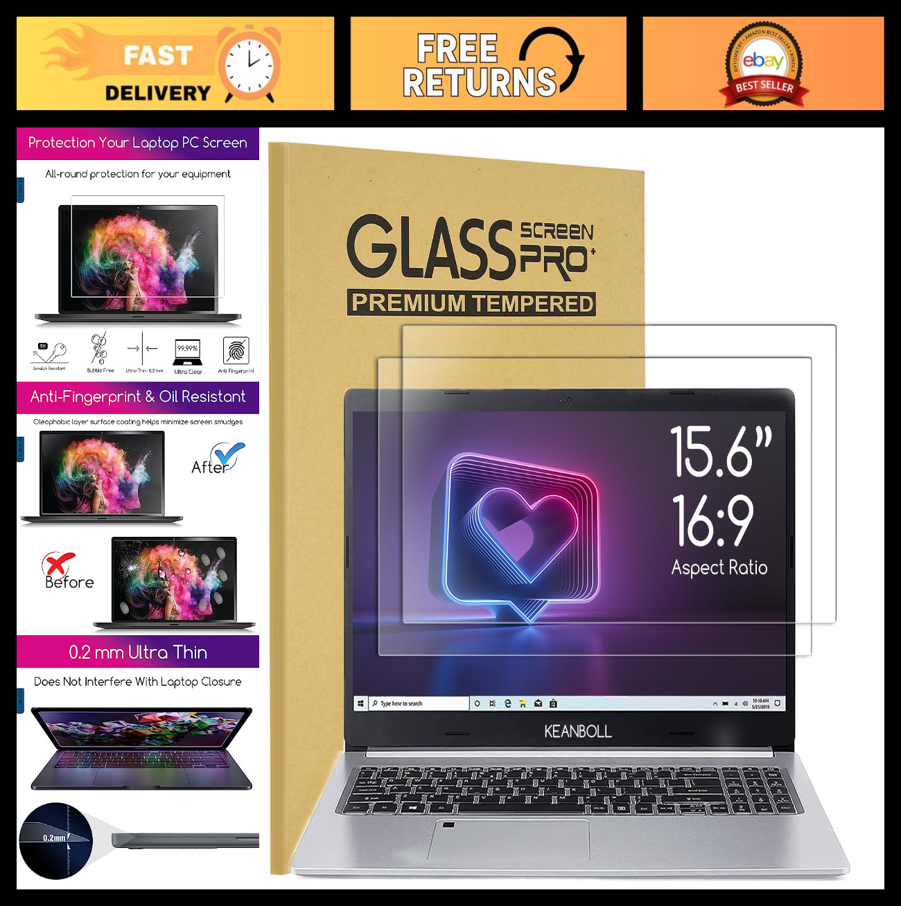 15.6" Laptop Screen Protector 2 Pack - Tempered Glass, 9H Hardness, Anti-Fingerp