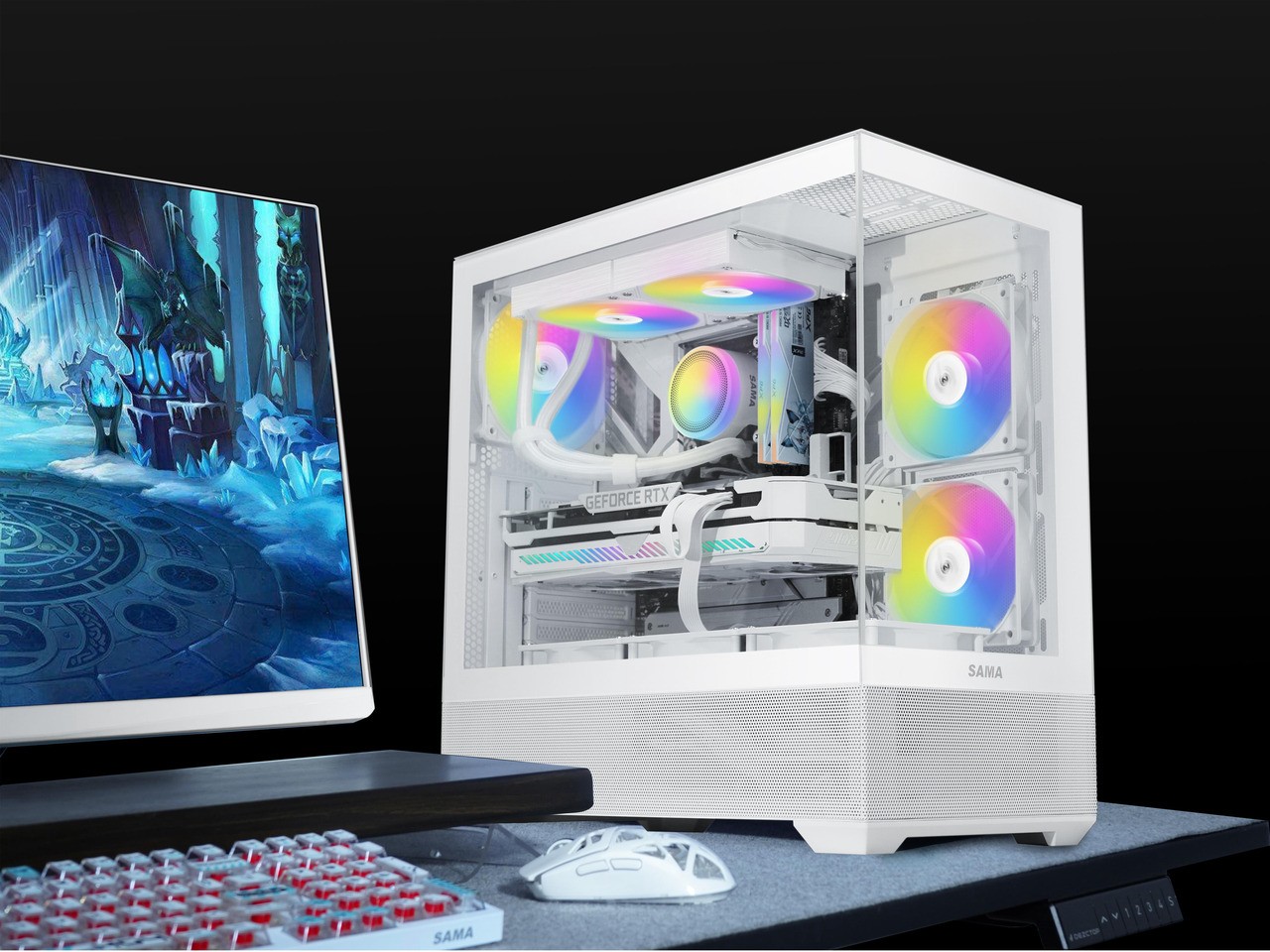 V40 White ATX Mid Tower PC Case, 6 Pre-Installed 120mm ARGB PWM Fans, Dual SAMA