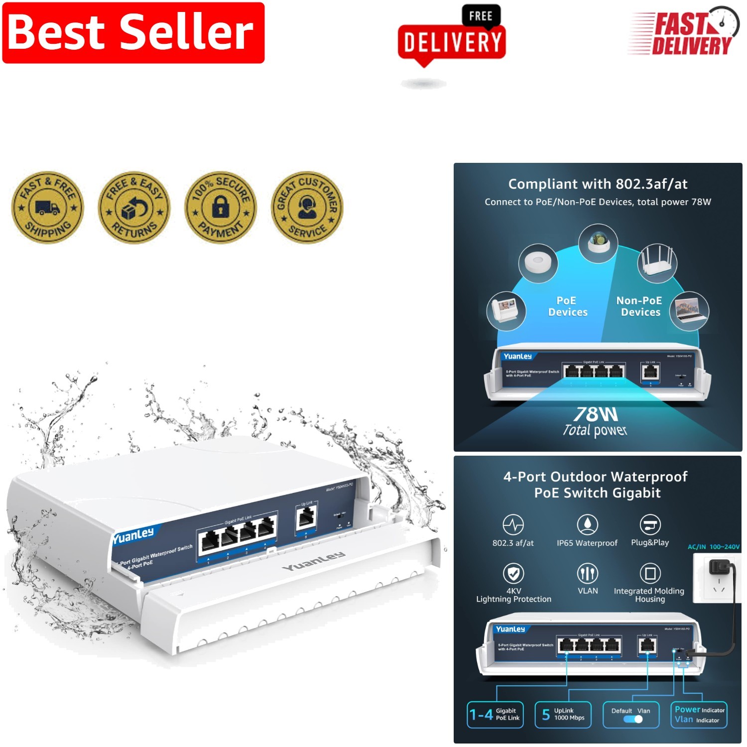 High-Performance Outdoor 4-Port Ethernet PoE Switch with Lightning Protection
