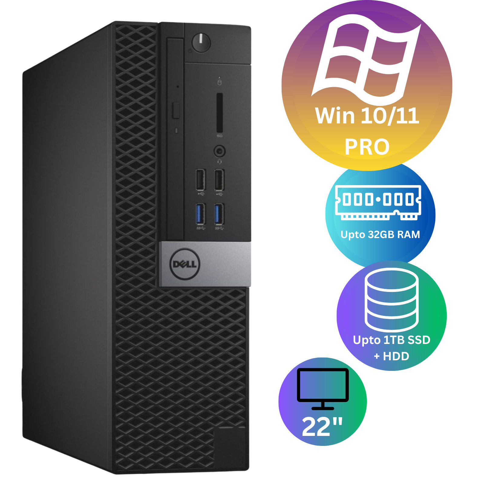 Dell Desktop PC  16GB RAM 1TB SSD 1TB HDD 22”LED KB&M WiFi Windows 11 Pro