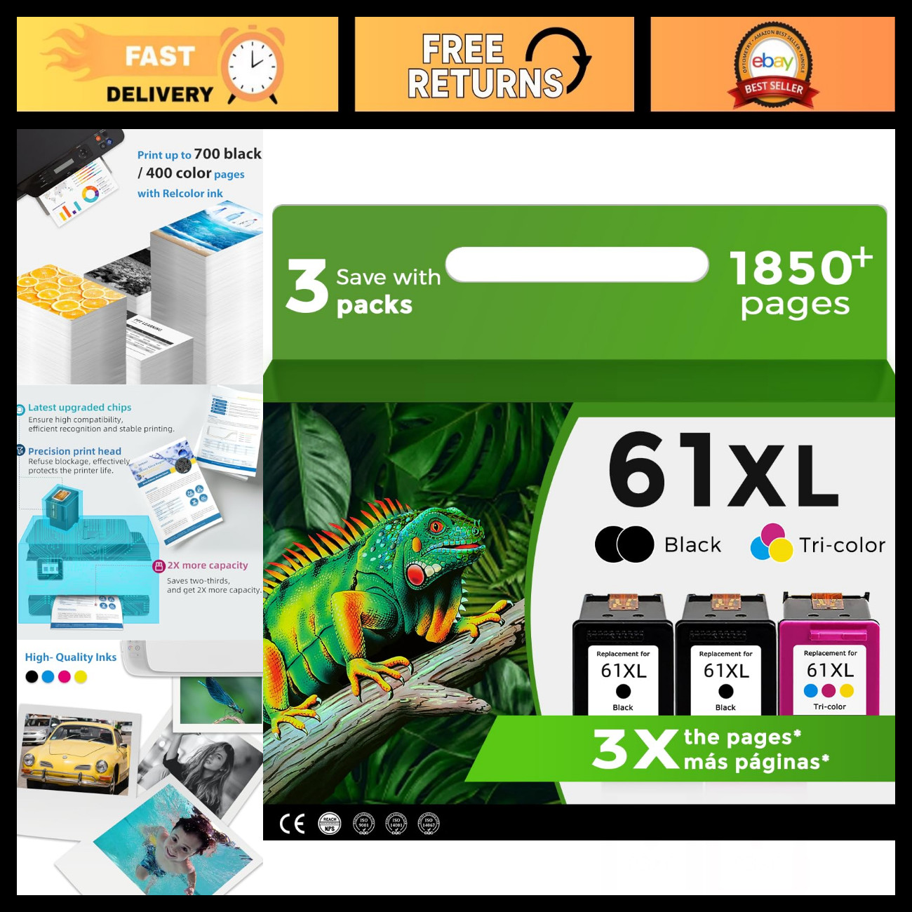 61XL Black & Color Ink Cartridge Combo Pack - Compatible for HP Printers, 3 Pack