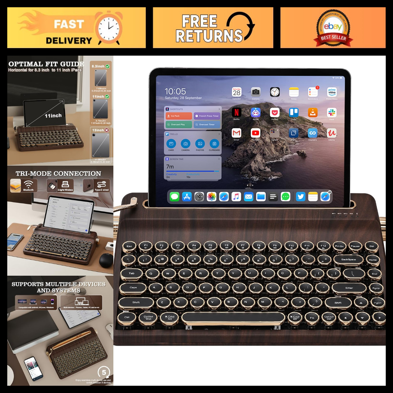 Retro Typewriter Hot Swap RGB Mechanical Keyboard - Wood Finish, Onyx Switch