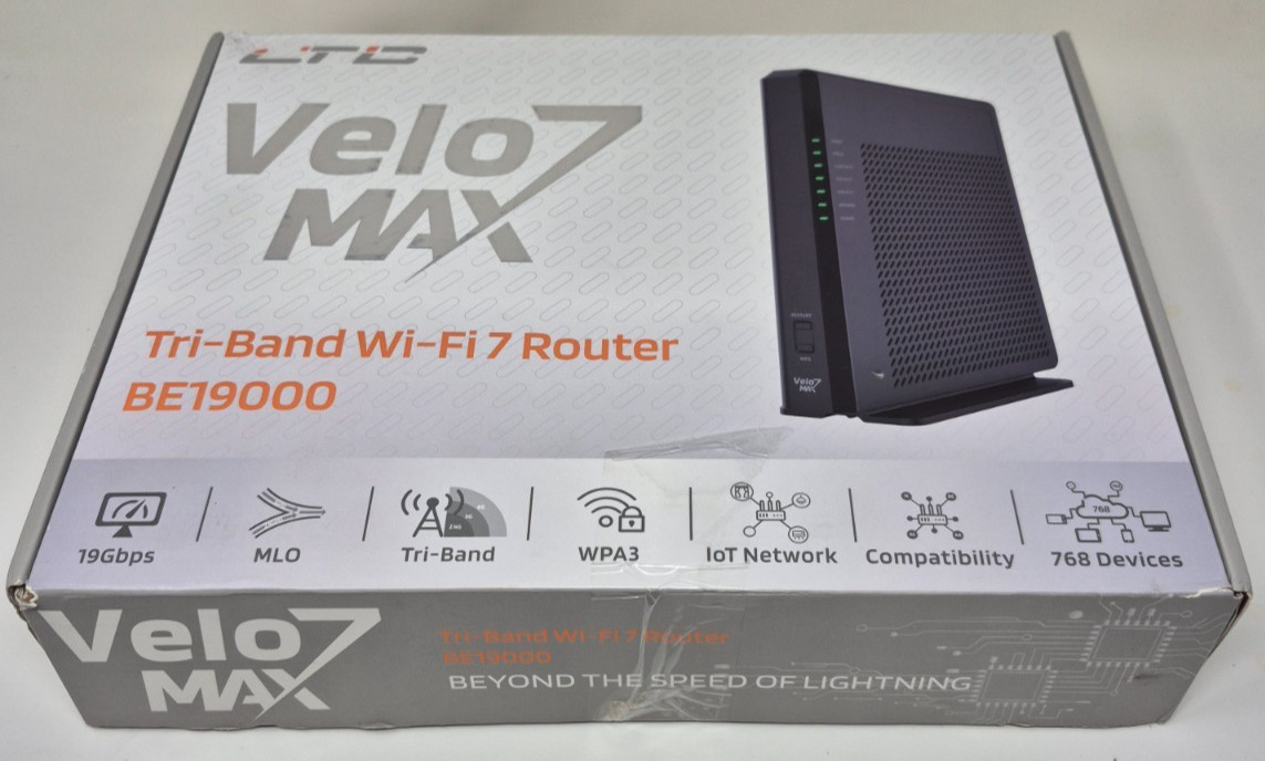 LTC Velo7 Max BE19000 Tri-Band WiFi 7 Router, 4x4 MIMO 12 Stream Black