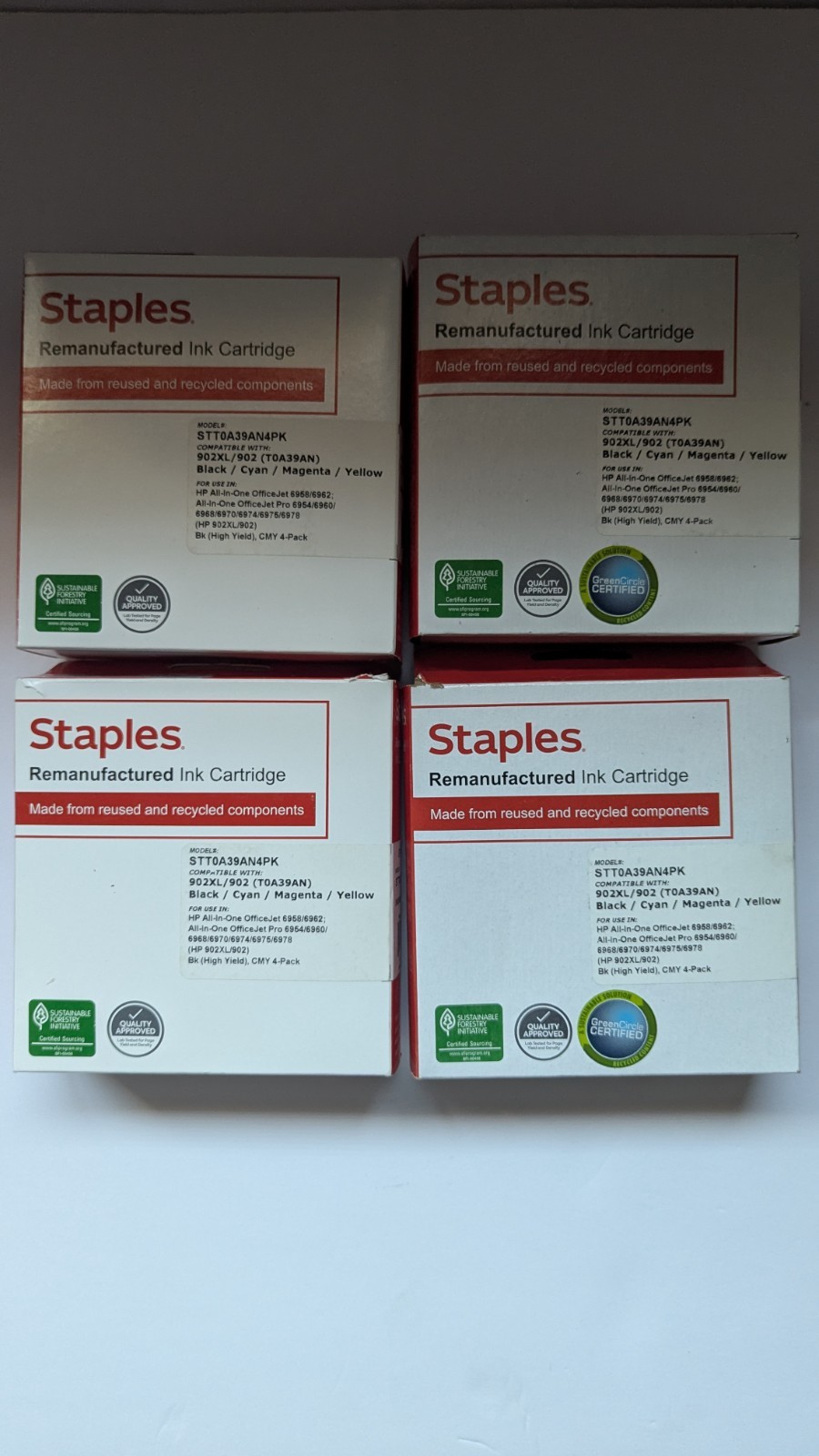 Staples Reman. Ink Cartridges 902XL/902 (Model #STT0A39AN4PK) 4 Boxes.