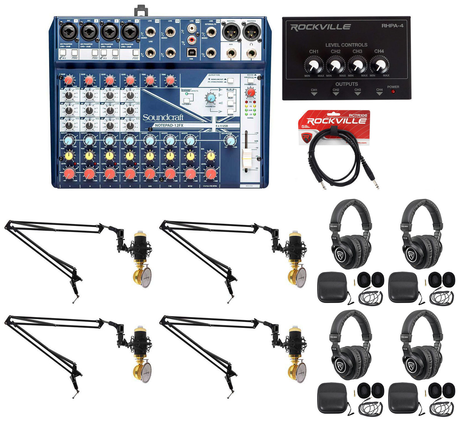 Soundcraft 4-Person Podcast Podcasting Recording Kit w/Mics+Headphones+Boom Arms