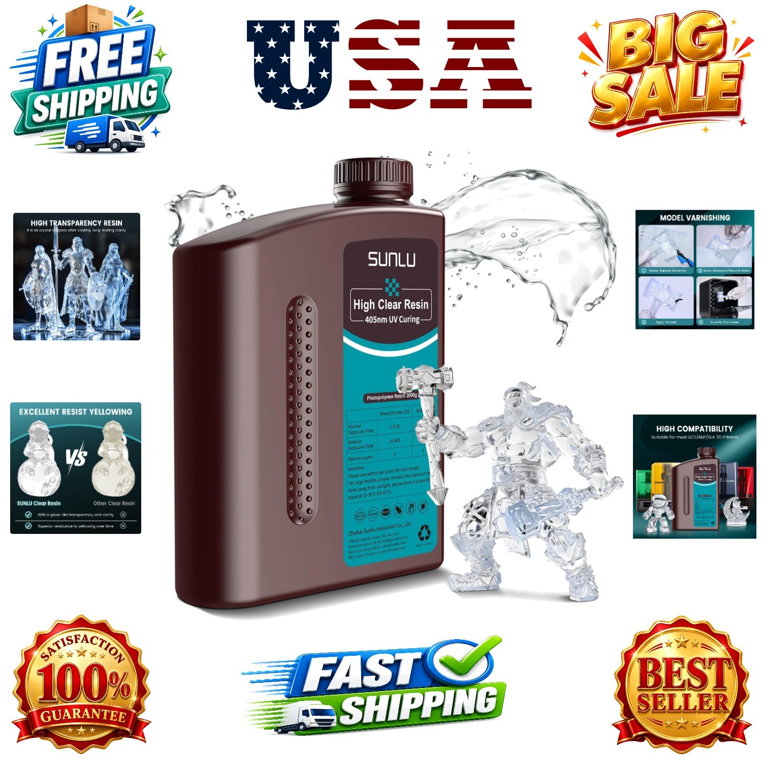 High Clear 3D Printer Resin, High Transparency 3D Printing Resin, Resist Yell...