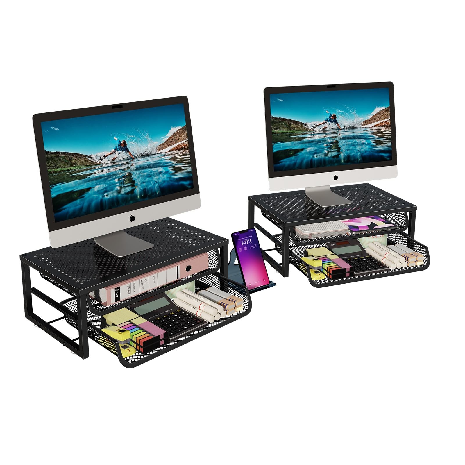 2-Pack 2-Tier Monitor Stand Riser with Drawer, Metal Computer Desk Organizer ...