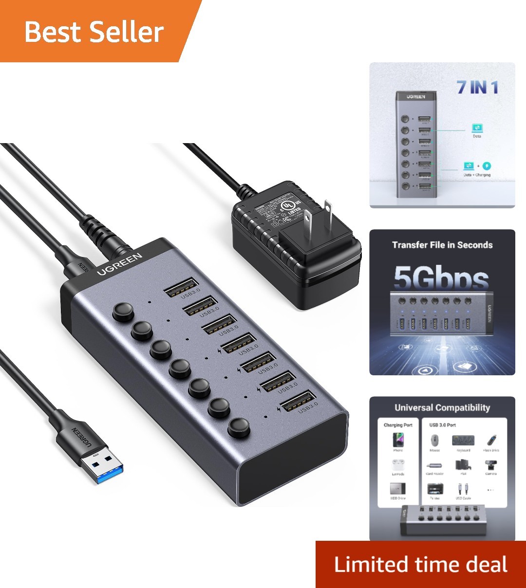 7-Ports Powered USB 3.0 Hub with Smart Charging and LED Indicators for Laptops