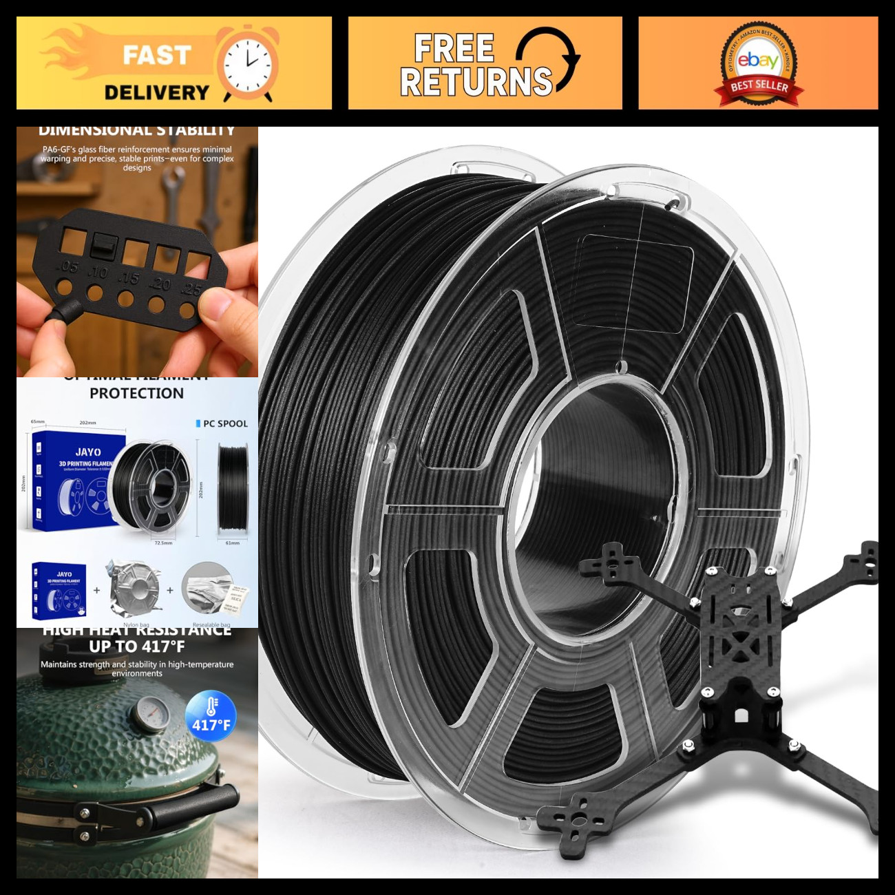 High-Quality Nylon Glass Fiber 3D Printer Filament 1.75mm, 1kg, Black - Durable