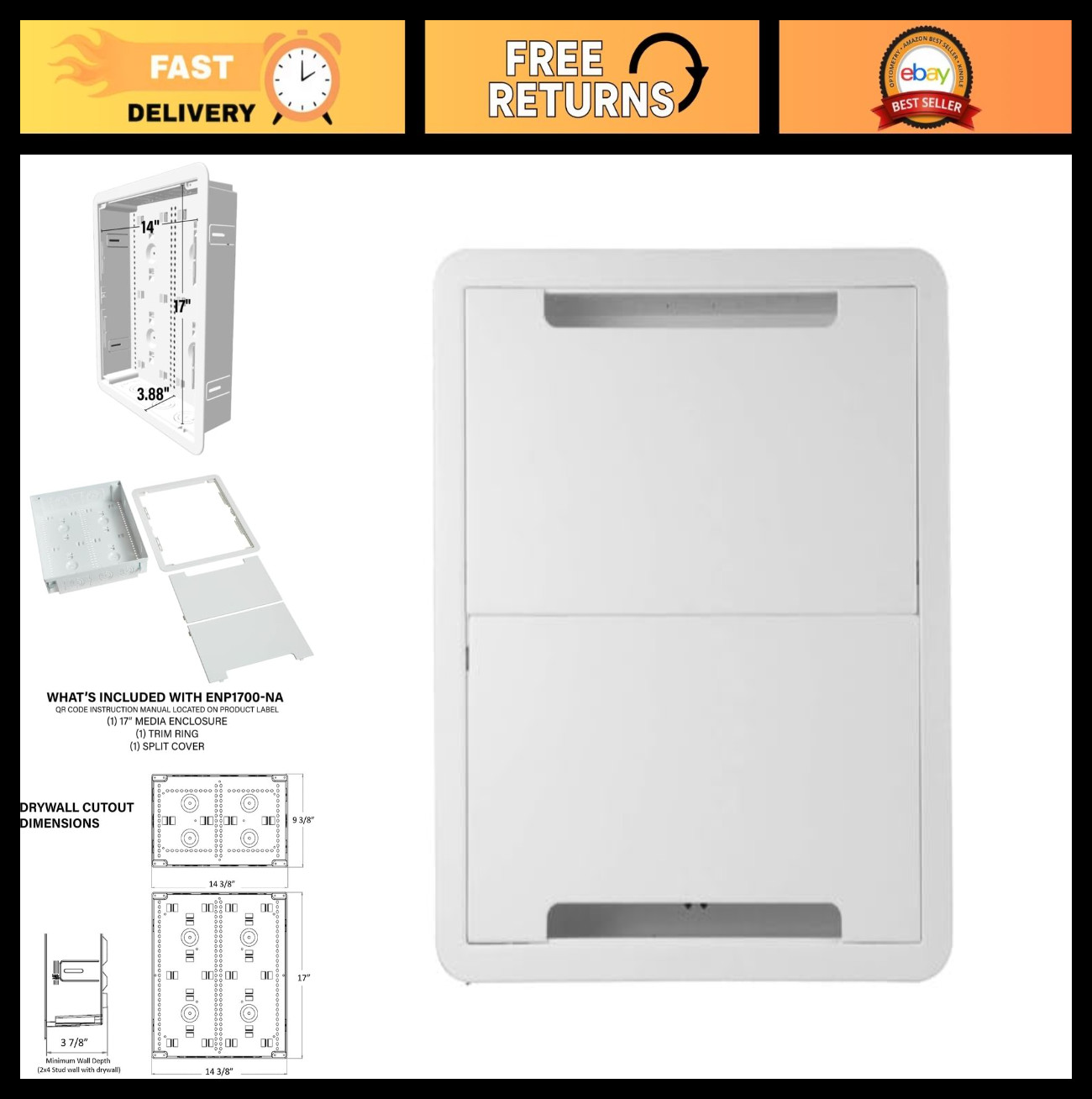 In-Wall Media Box for Cable Management, 17" Recessed TV Storage Enclosure, White