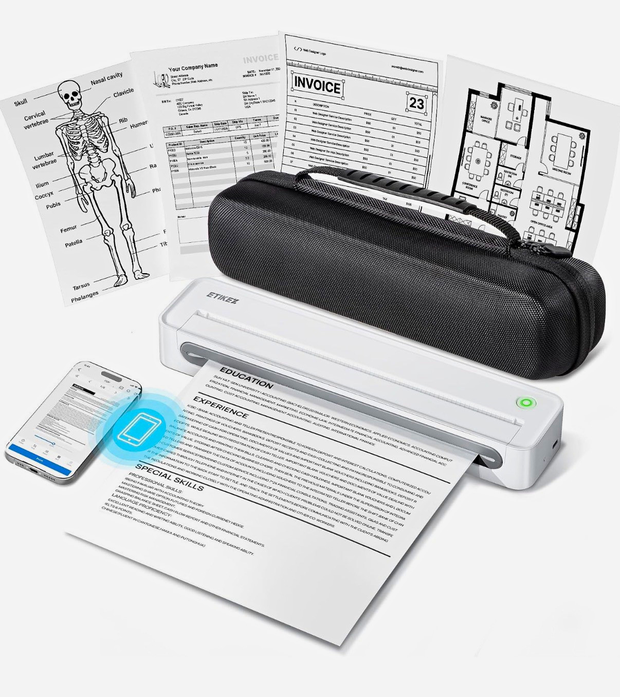 D90E Inkless Portable Thermal Printer with Case – 8.5" x 11", White