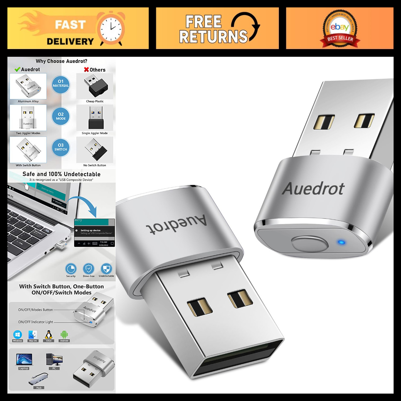 Undetectable USB Mouse Jiggler - Automatic Mini Mouse Mover, 2 Modes, 2 PCS