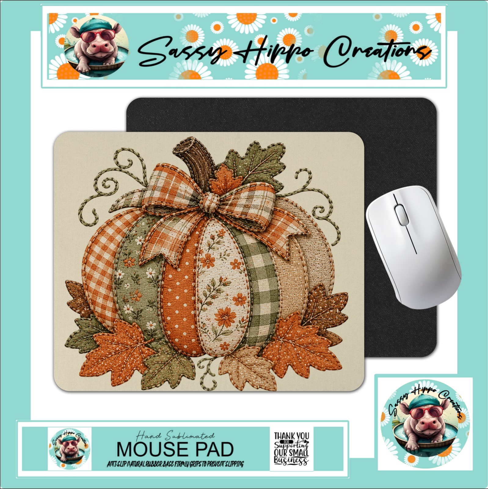 Mouse Pad Autumn Quilted Pumpkin and Fall Leaves Anti Slip Back Easy Clean