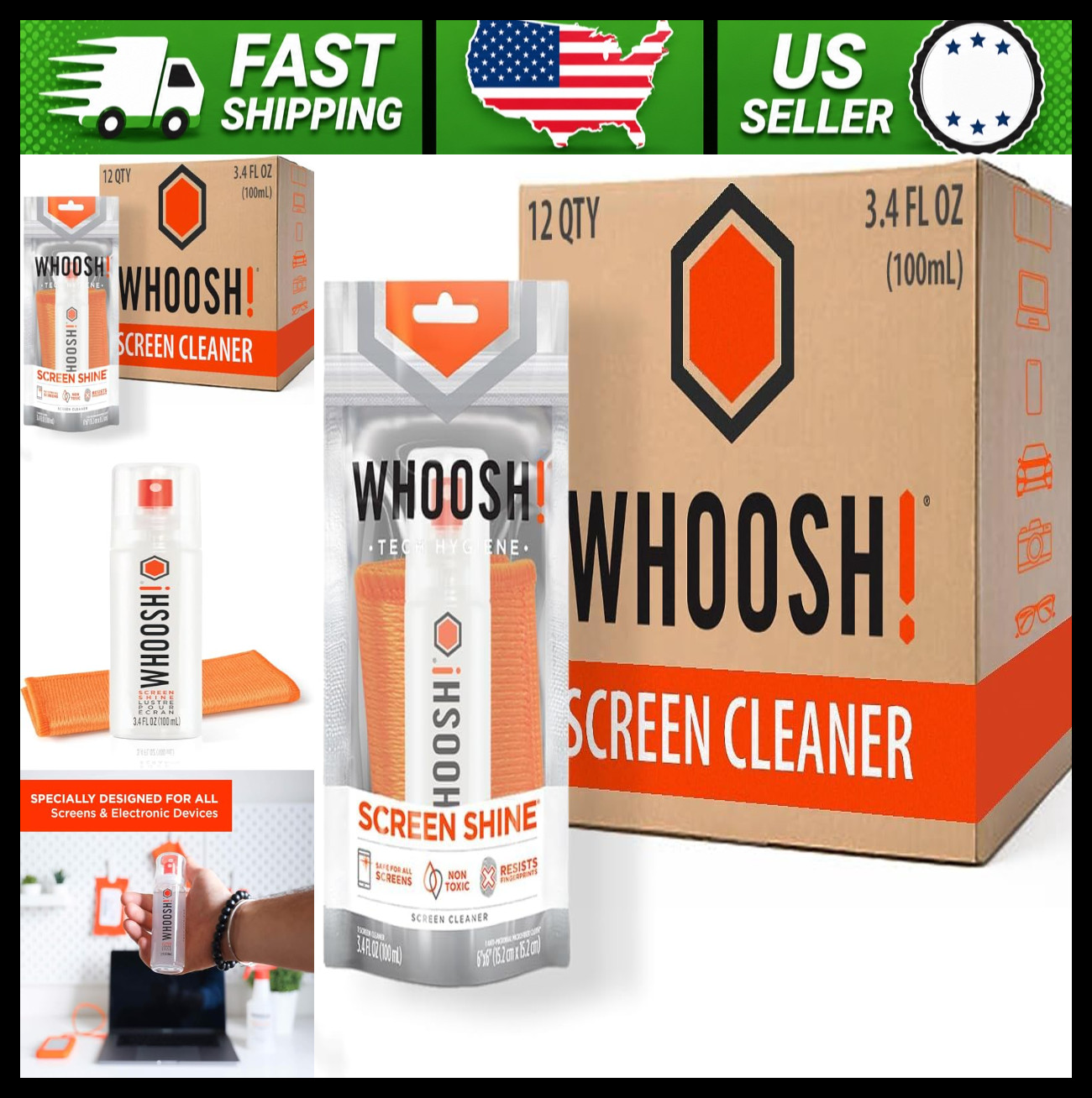 WHOOSH Screen Cleaner Spray 12 Pack, 3.4 fl oz