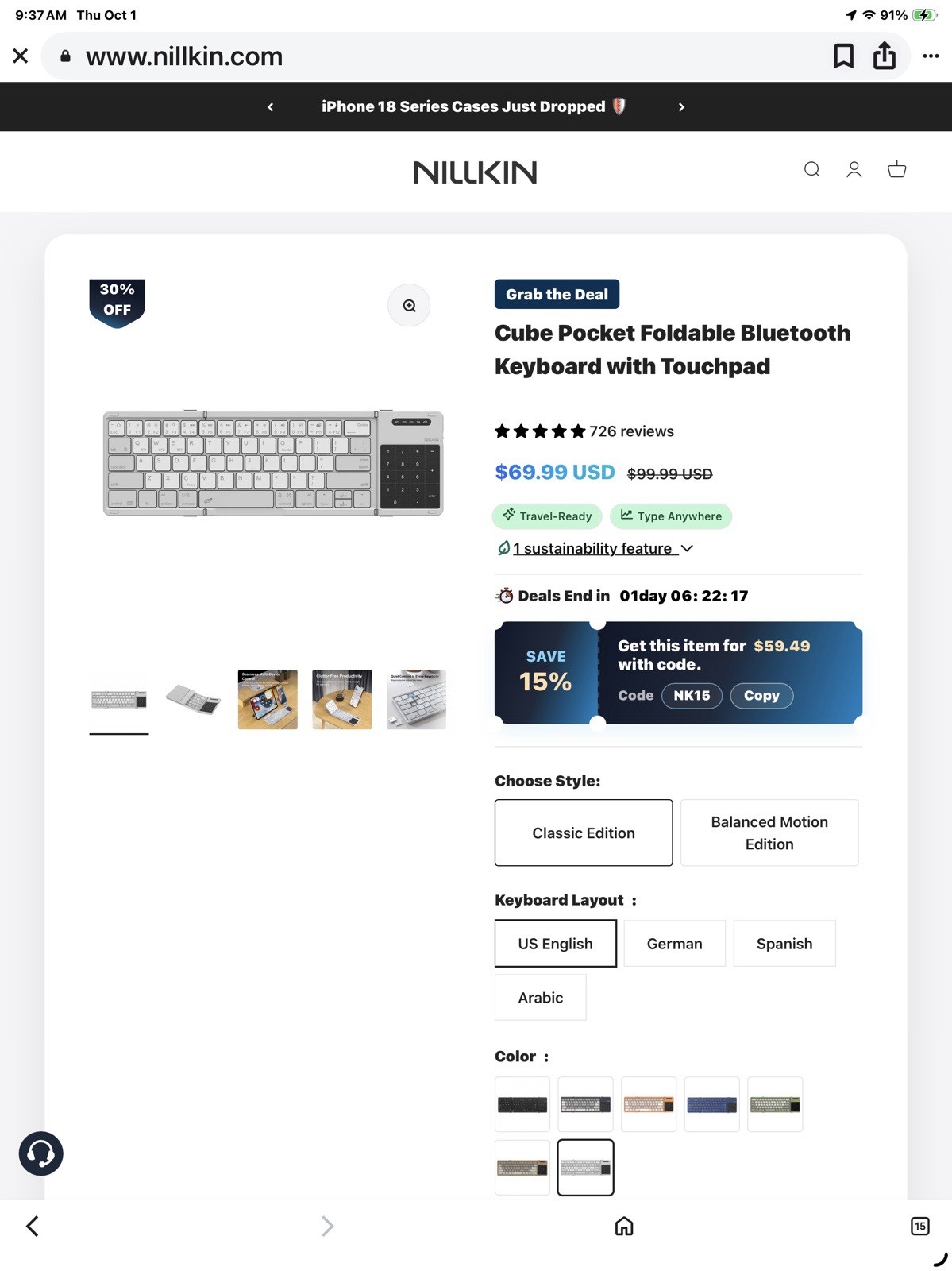 Nillkin Upgraded Foldable Bluetooth Keyboard with Touchpad & Number Pad, Portabl