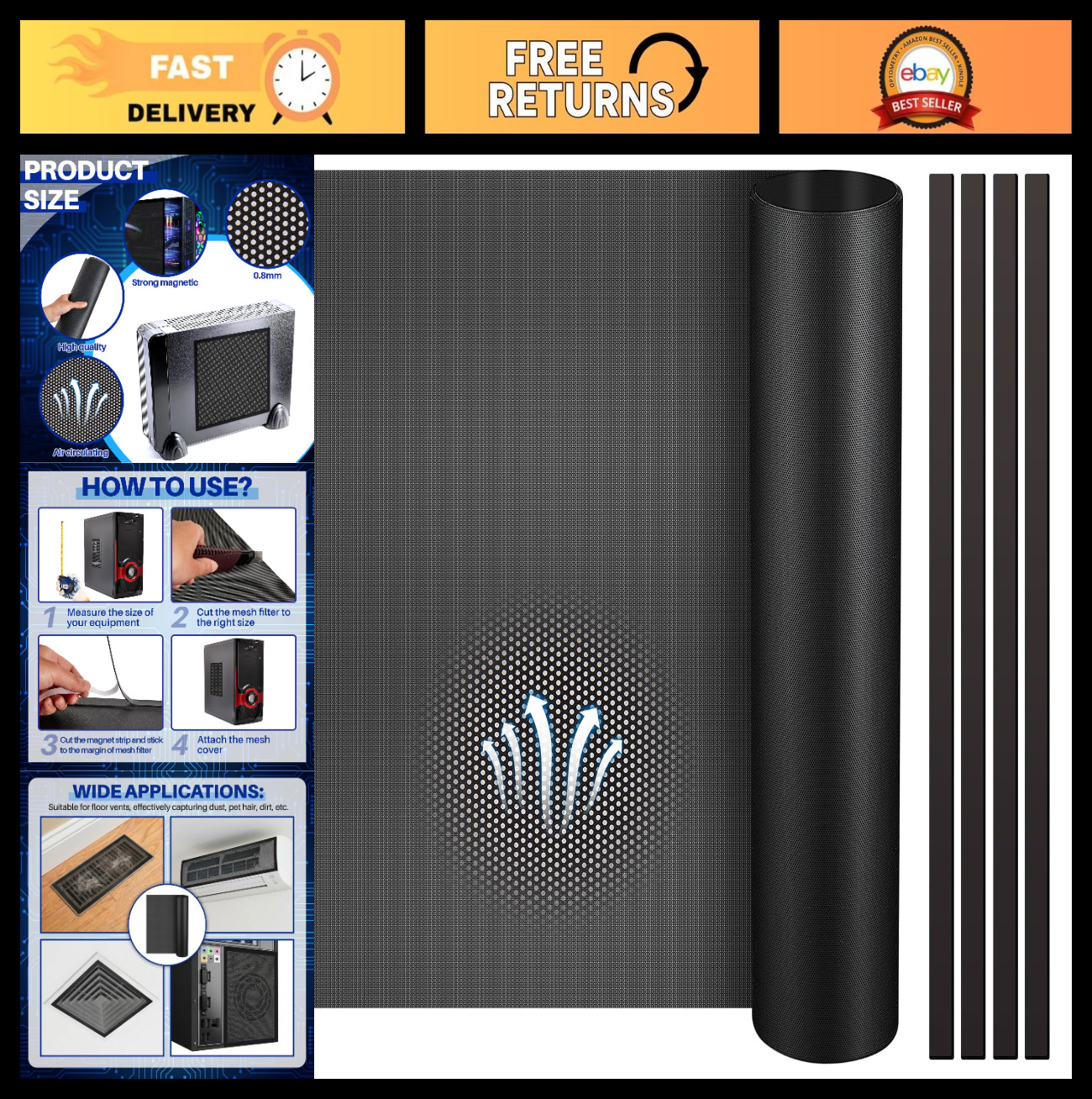 2 Pcs 1000x300mm DIY PC Dust Filter - High Airflow Mesh Cover with Magnetic Stri