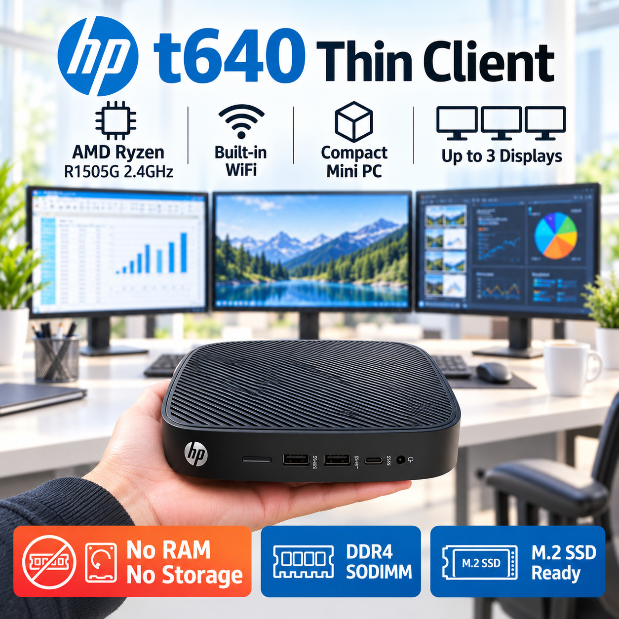 HP t640 Thin Client Mini PC Ryzen R1505G WiFi 3 Display Barebone No RAM SSD