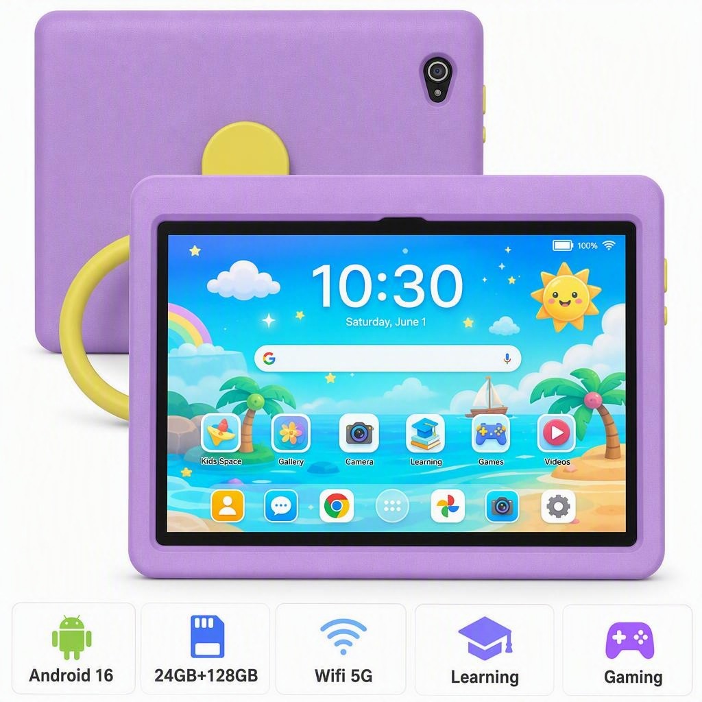 Android 16 Kids Tablet HD 10 inch, 24GB RAM 128GB ROM 1TB, 6000mAh, WiFi 6,BT 5.