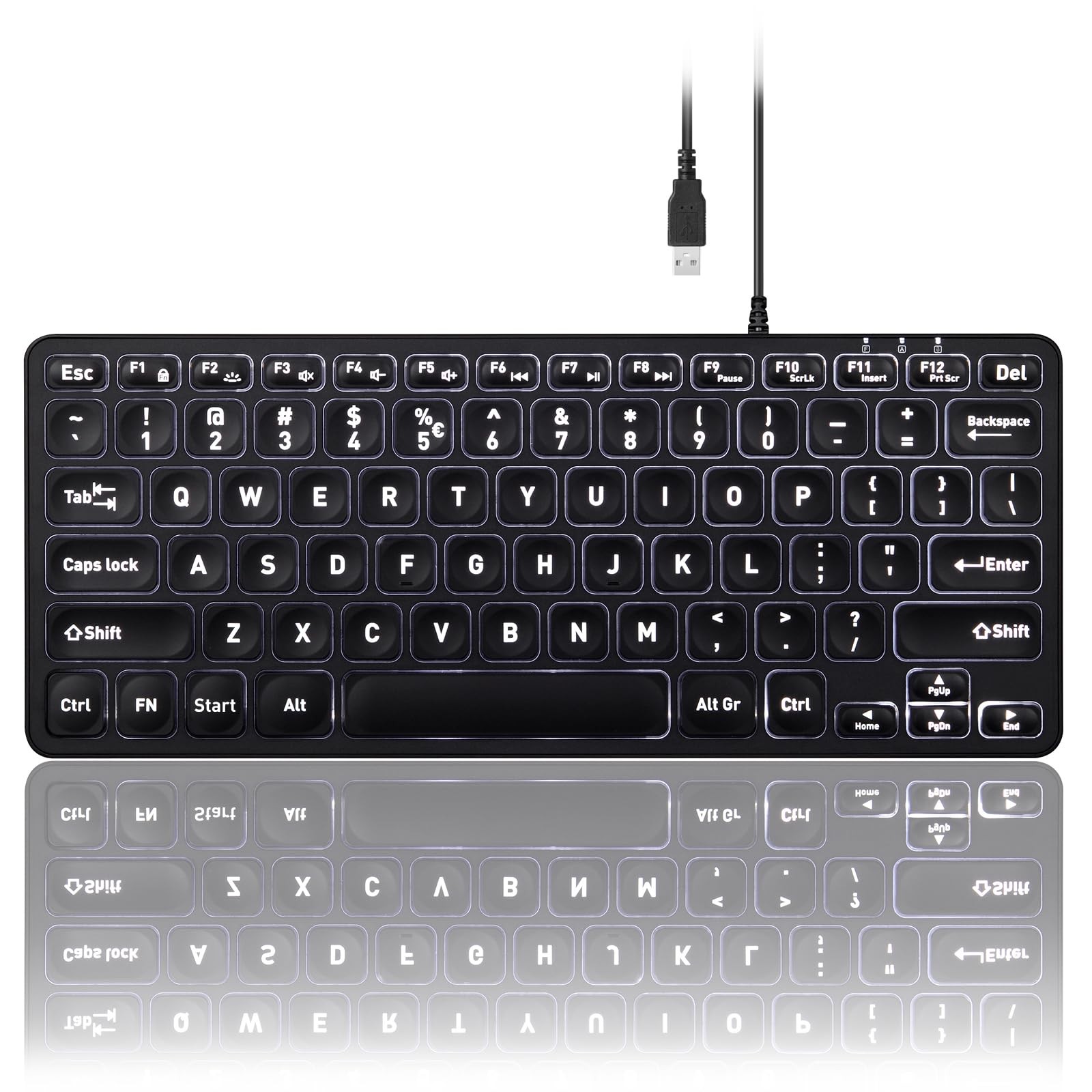 PERIBOARD332 Wired Backlit USB Keyboard Mini 11.22x4.57x0.83 Inch White LED