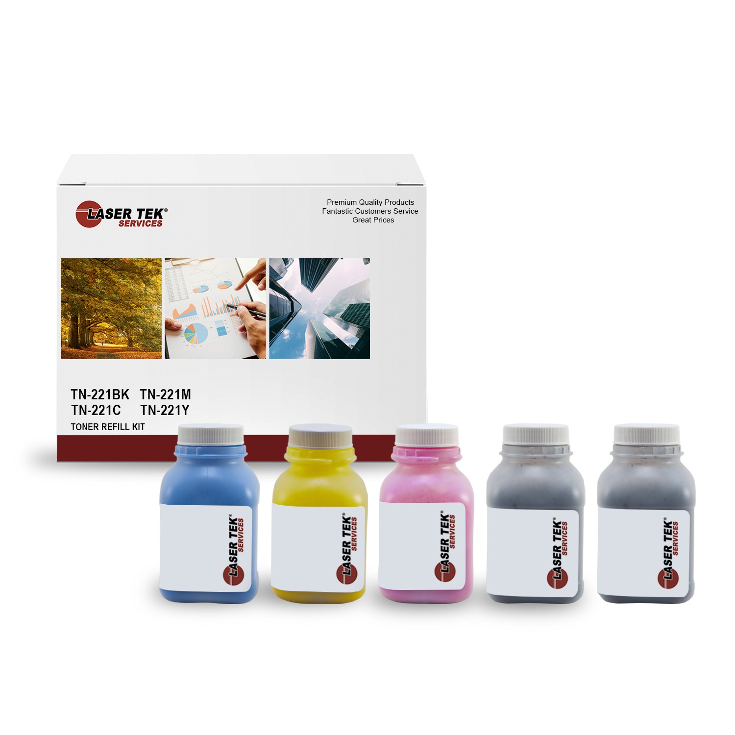 5Pk LTS TN221 CMYK Toner Refill Kit Compatible for Brother HL-3140CW, MFC-9130CW