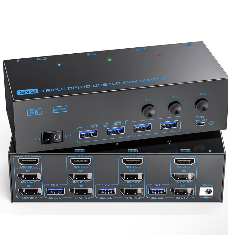 8K/4K KVM Switch 3 Monitors 3 Computers Triple Monitor 3 Port 2 Displayport 1...