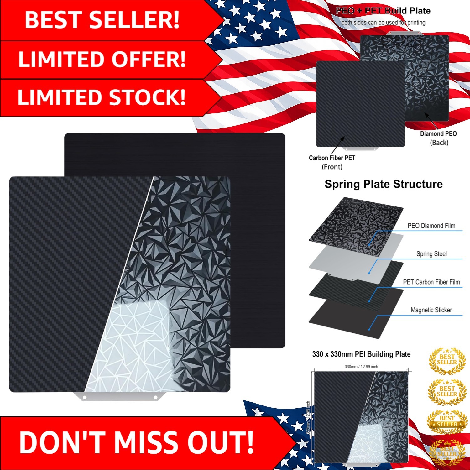 330x330mm Spring Steel PEO+PET Build Plate - Superior Adhesion for 3D Printing
