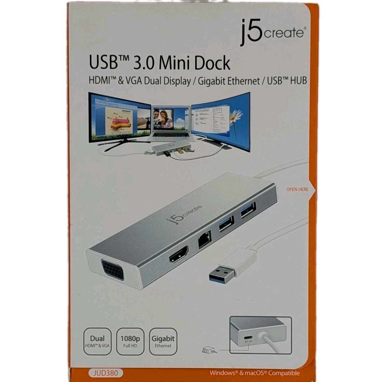 j5create USB 3.0 Mini Dock HDMI & VGA Dual Display/Gigabit Ethernet/USB JUD380