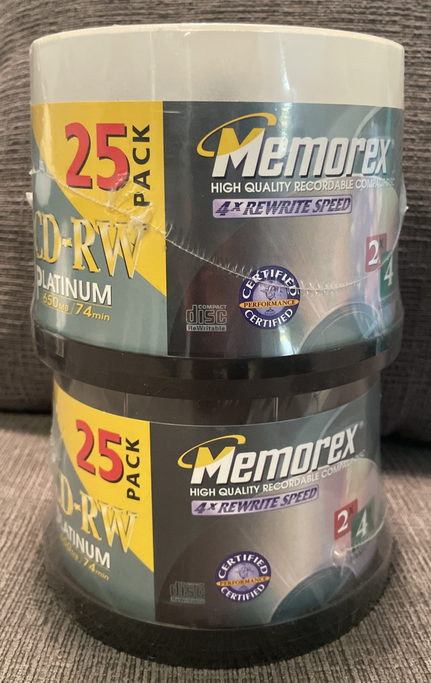 NOS 2X MEMOREX CD-RW Platinum Blank CDs 25 Packs NEW Sealed 50 CD Tower Burn